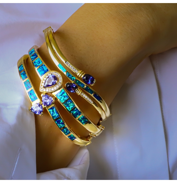 Brazalete de Plata .925 con Baño de Oro 14K, Tanzanita y Opalo Australiano