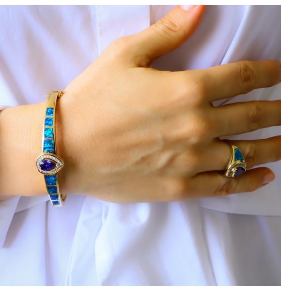 Brazalete de Plata .925 en Baño de Oro 14K con Tanzanita y Opalo Australiano