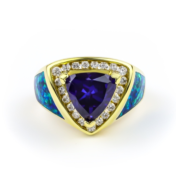 Anillo de Plata con Baño de Oro, Tanzanita y Opalo Azul