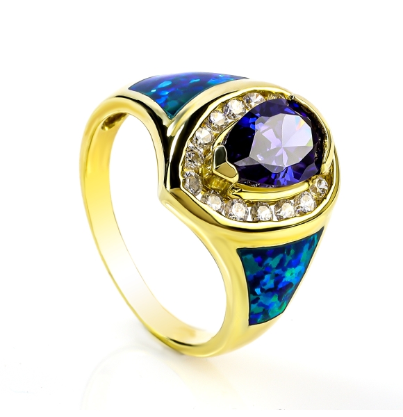 Anillo de Ópalo Australiano En Baño de Oro con Piedra Tanzanita en Corte Pera