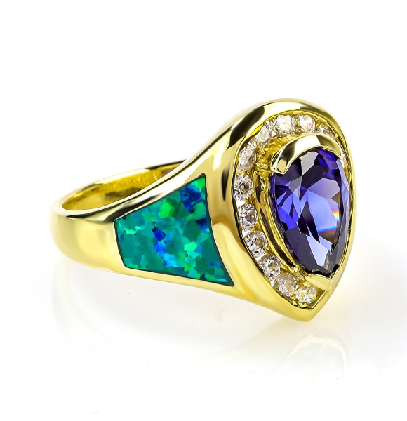 Anillo de Ópalo Australiano En Baño de Oro con Piedra Tanzanita en Corte Pera