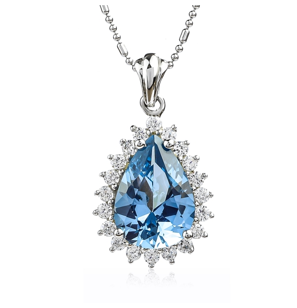 Dije de Plata Fina y Aguamarina en Corte de Pera con Zirconias Blancas