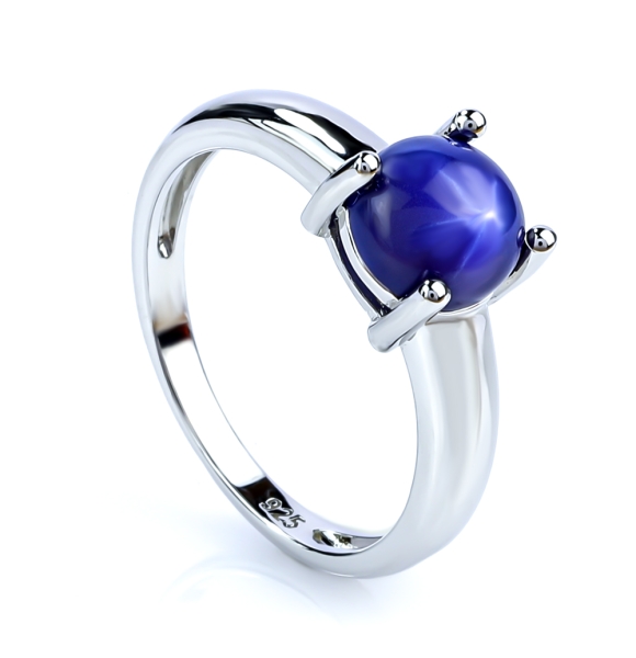 Solitario Cabuchon de Zafiro de Estrella Anillo de Plata