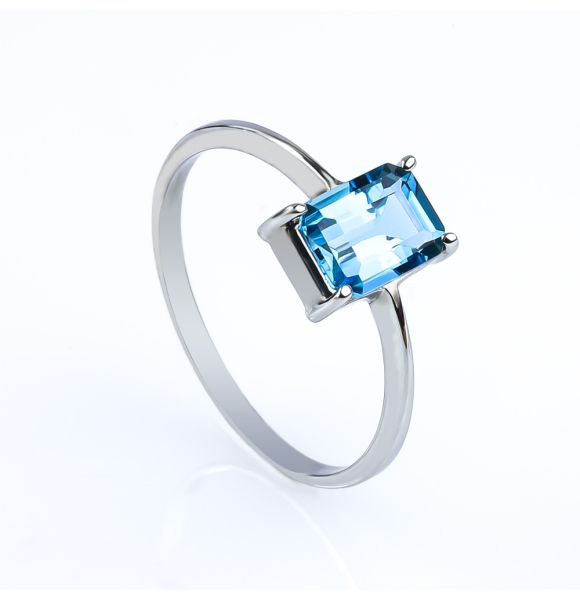 Anillo de Oro Blanco 14K Topacio Londres Genuina