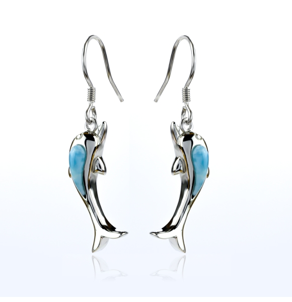 Aretes de Larimar Genuina Delfin Con Plata de Ley