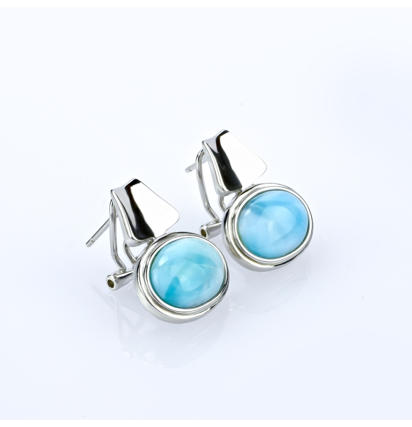 Aretes de Larimar Genuina Omega Clip Con Plata de Ley