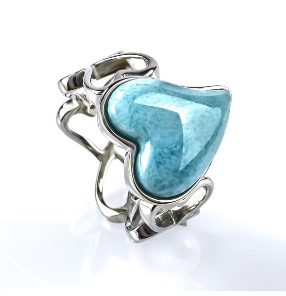 Anillo de Larimar Genuina Cabuchon Corazones