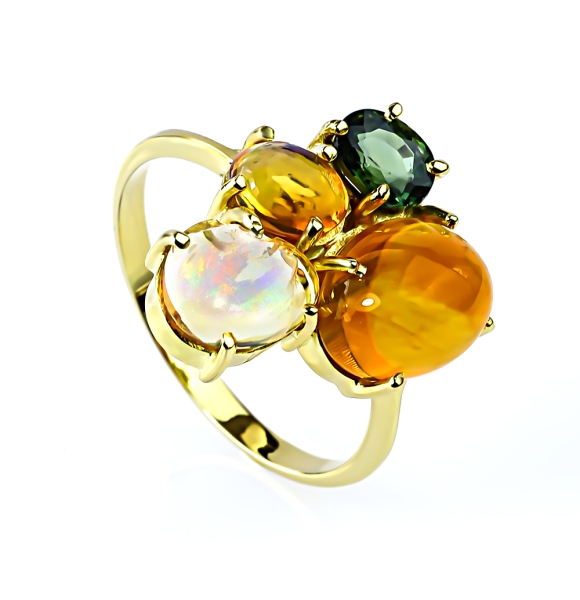 Anillo de Oro Amarillo 14K Opalo Con Zafiro Verde