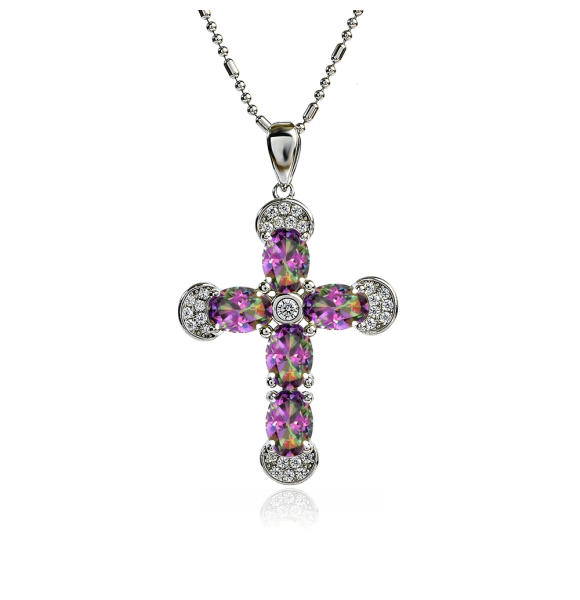 Preciosa Cruz de Plata Con Topacio Mistico y Circonitas 32 mm x 20 mm