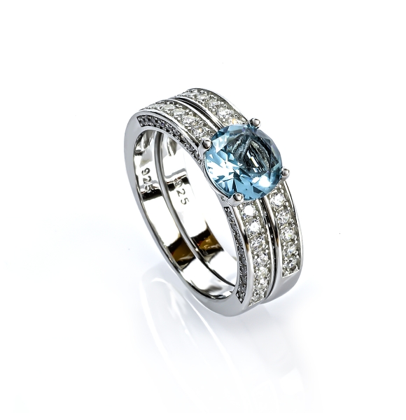 Doble Anillo de Compromiso Corte Redondo Aguamarina