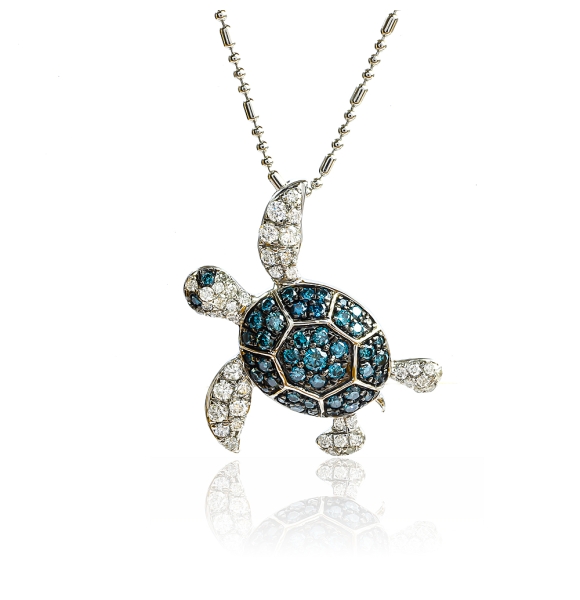 Colgante de Tortuga Oro Blanco con Diamantes Azules y Blancos Naturales