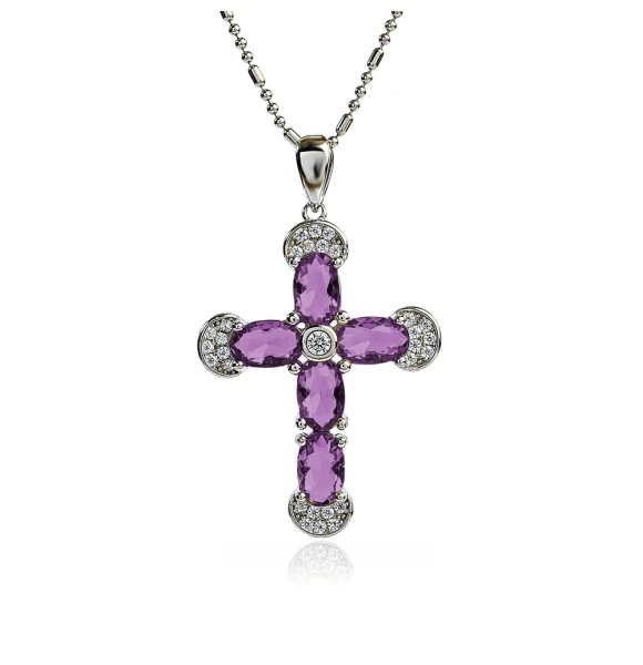 Preciosa Cruz de Plata Con Amatista y Circonitas 32 mm x 20 mm