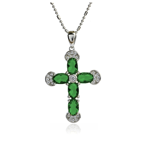 Preciosa Cruz de Plata Con Esmeralda y Circonitas 32 mm x 20 mm