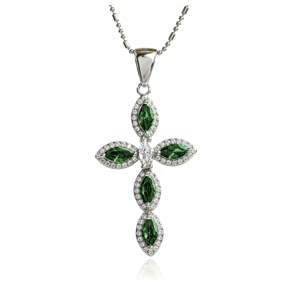 Cruz de Plata Con Esmeralda y Zirconia