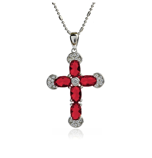 Preciosa Cruz de Plata Con Rubi y Circonitas 32 mm x 20 mm