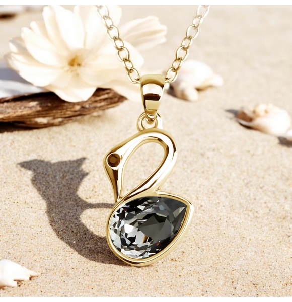 Collar Cisne Negra Swarovski Cristal Con Baño de Oro Amarillo