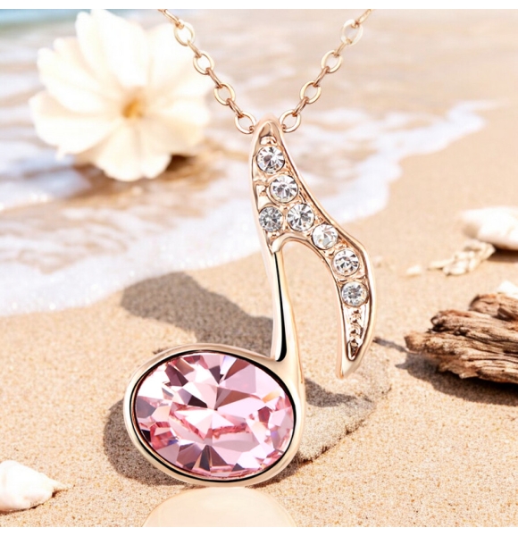 Collar Nota Musical Swarovski Rosa con Baño de Oro 18K