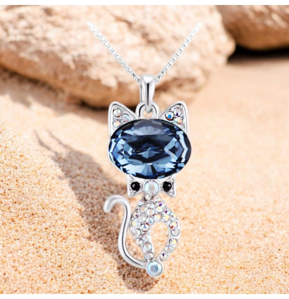 Collar de Cristal Swarovski Chapado en Rodio en Forma de Gato Color Azul