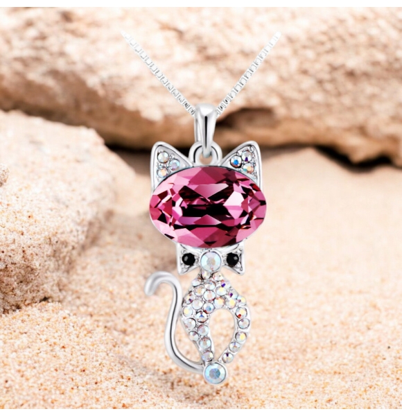 Hermoso Collar de Cristal Swarovski Chapado en Rodio en Forma de Gato Color Rosa