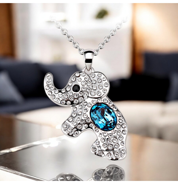 Precioso Collar de Elefante Con Cristal Swarovski Blanco y Azul