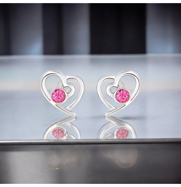 Aretes de Swarovski Color Rosa con Rodio en Forma de Corazón
