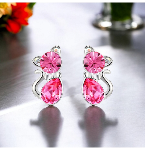 Aretes de Gatito de Cristal Swarovski Color Rosa