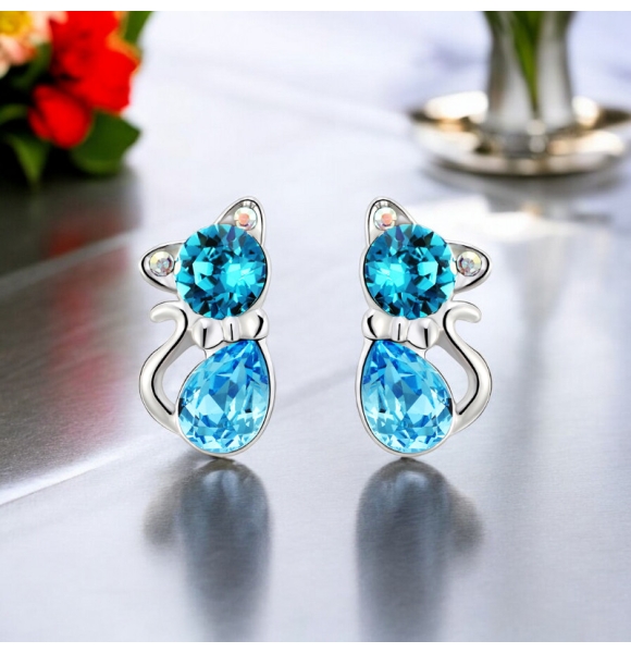 Aretes de Gatito de Cristal Swarovski Color Azul