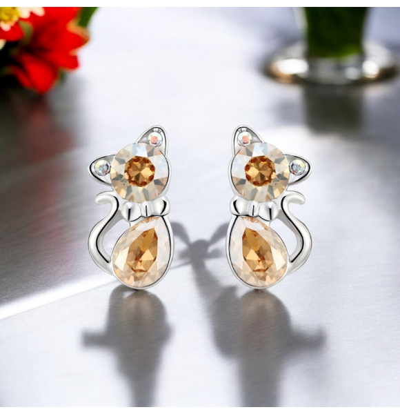 Bonitos Aretes de Gatito de Cristal Swarovski Color Champagne