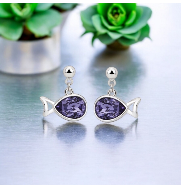 Hermosos Aretes de cristal Swarovski Morados en forma de Pez