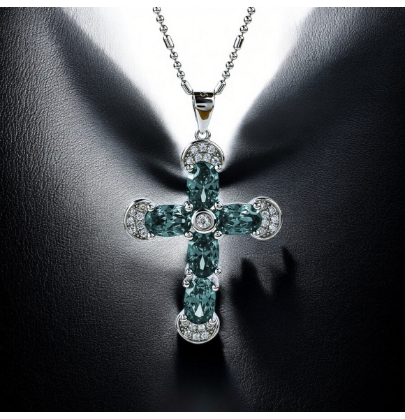 Preciosa Cruz de Plata Con Alejandrita y Circonitas 32 mm x 20 mm