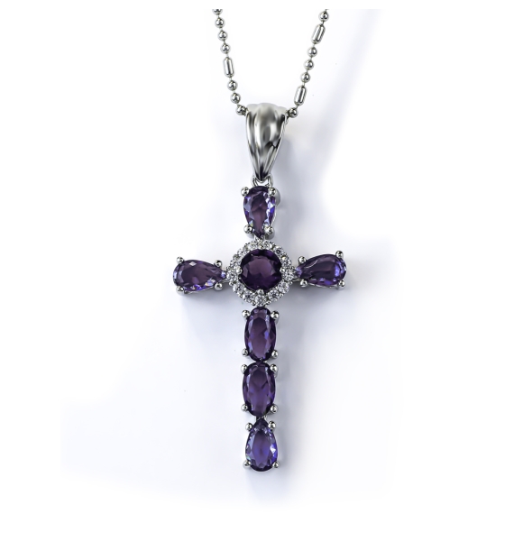 Bella Cruz de Plata Con Piedras Preciosas de Amatista y Zirconia