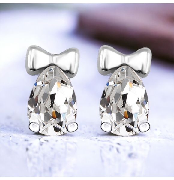 Aretes de Moño Blanco de Swarovski en Plata de Ley
