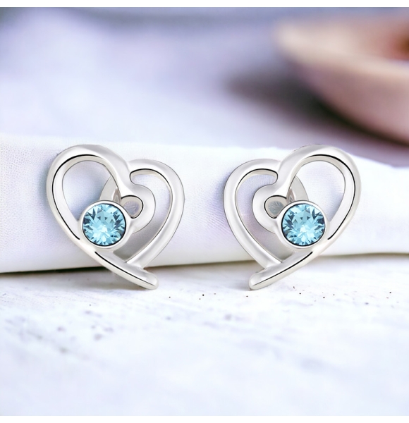 Aretes de Swarovski Color Azul con Rodio en Forma de Corazón