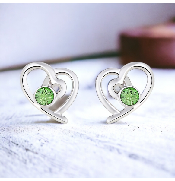 Aretes de Swarovski Color Verde con Rodio en Forma de Corazón