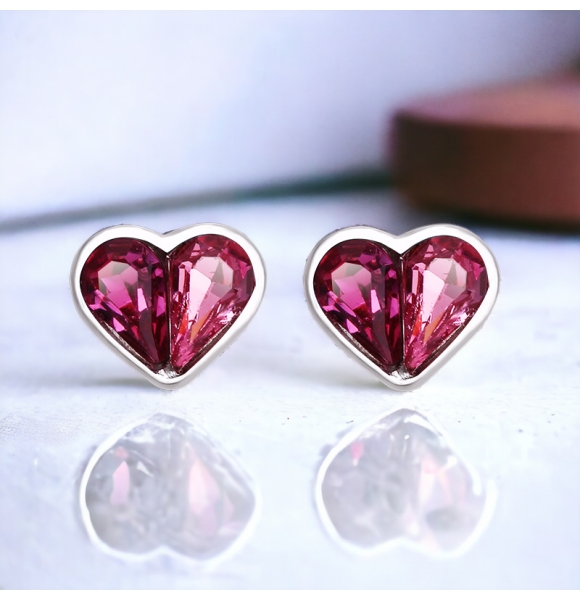 Aretes de Plata Con Swarovski en Forma de Corazón Color Rosa