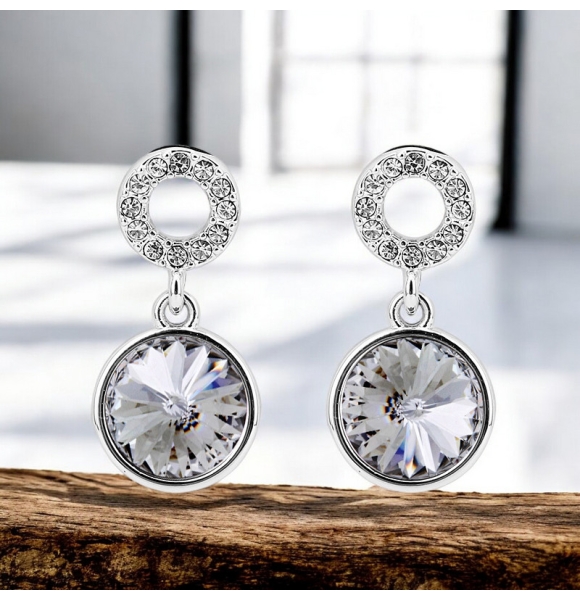 Aretes Redondos Cristal Swarovski En Color Blanco