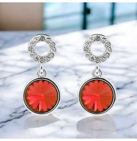 Aretes Redondos Cristal Swarovski En Color Rojo