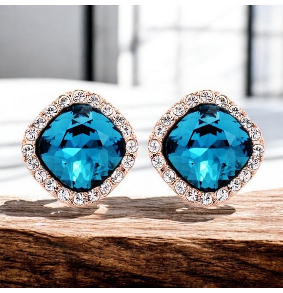 Lindos Aretes de Cristal Swarovski Color Azul Con Baño de Oro Rosa