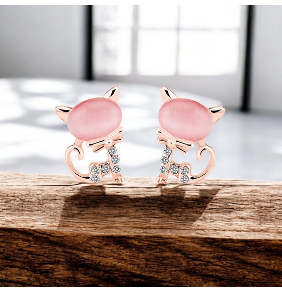 Bonito Juego de Collar y Aretes de Gato Color Rosa