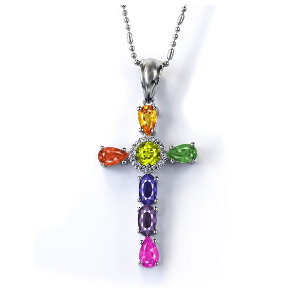 Bella Cruz de Plata Con Piedras Preciosas de Gemas Mezcladas