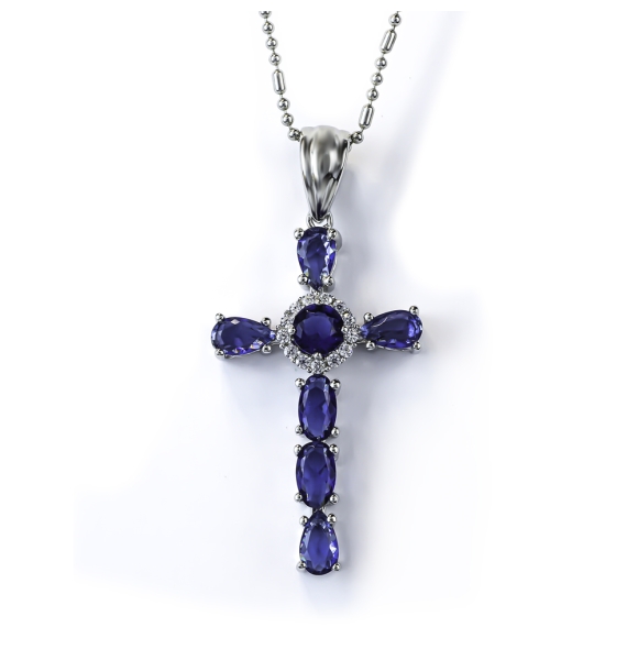 Bella Cruz de Plata Con Piedras Preciosas de Tanzanita y Zirconia