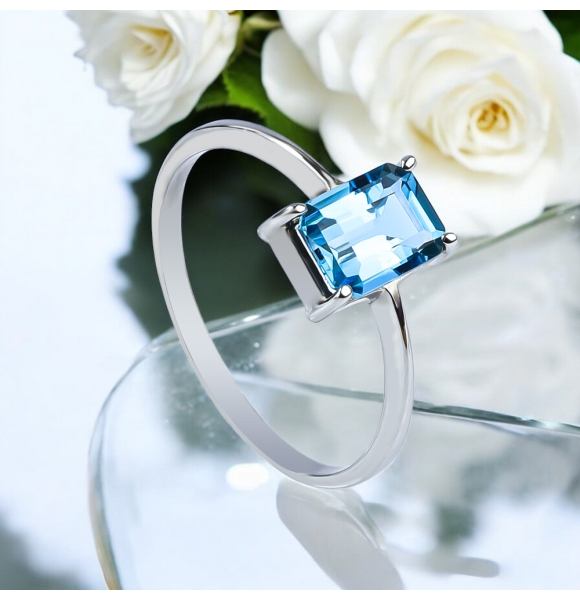 Anillo de Oro Blanco 14K Topacio Londres Genuina