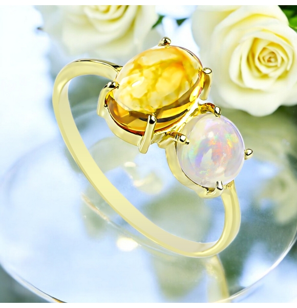 Anillo de Oro Amarillo 14K Con Opalo Mexicano Genuino