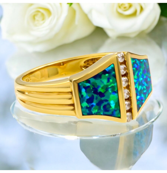 Anillo de Oro Macizo 14K con Diamantes y Opalo