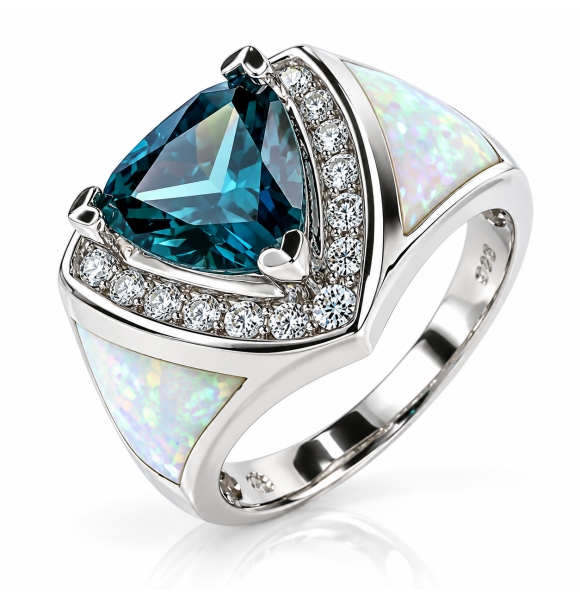 Anillo Con Gran Piedra Alejandrita, Ópalo blanco y Hermosas Zirconias en Plata de Ley