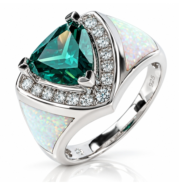 Anillo Con Gran Piedra Alejandrita, Ópalo blanco y Hermosas Zirconias en Plata de Ley