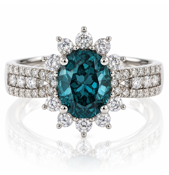 Anillo con una Gema de Alejandrita ( Azul/Verde ) en Plata .925