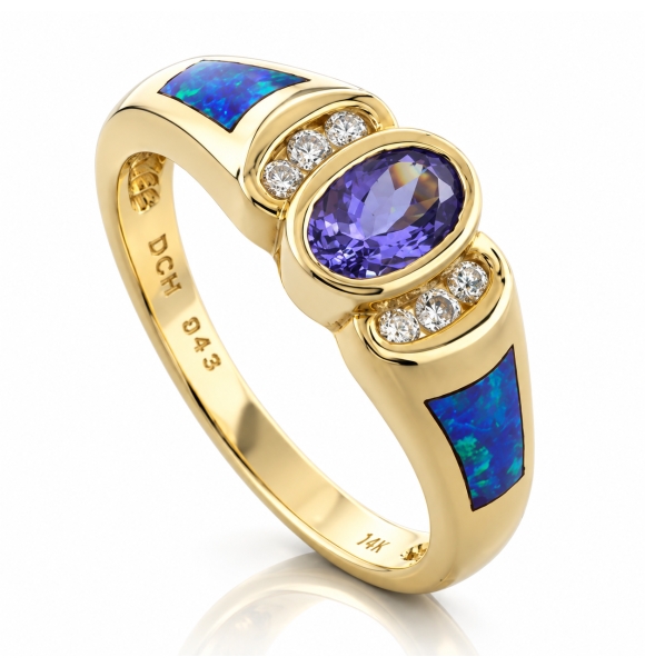 Anillo de Opalo Azul con Tanzanita en Oro 14k