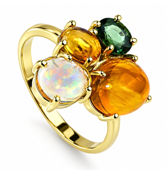 Anillo de Oro Amarillo 14K Opalo Con Zafiro Verde