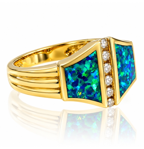 Anillo de Oro Macizo 14K con Diamantes y Opalo